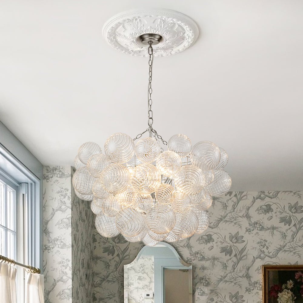 Brass Cluster Ribbed Glass Globe Bubble Chandelier