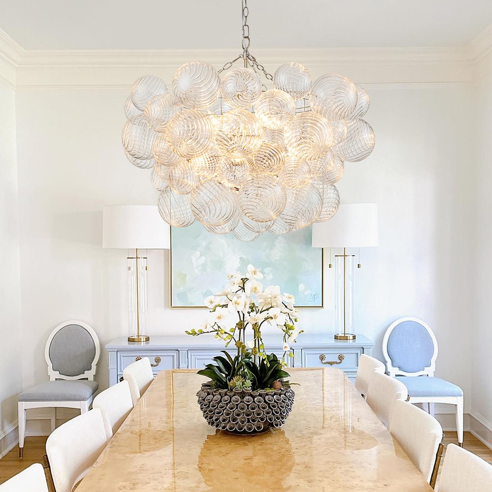 Brass Cluster Ribbed Glass Globe Bubble Chandelier