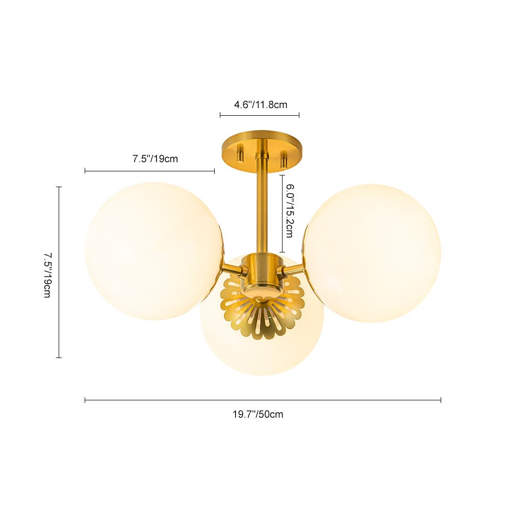 Brass Daisy 3-Light Opal Glass Globe Semi Flush Light