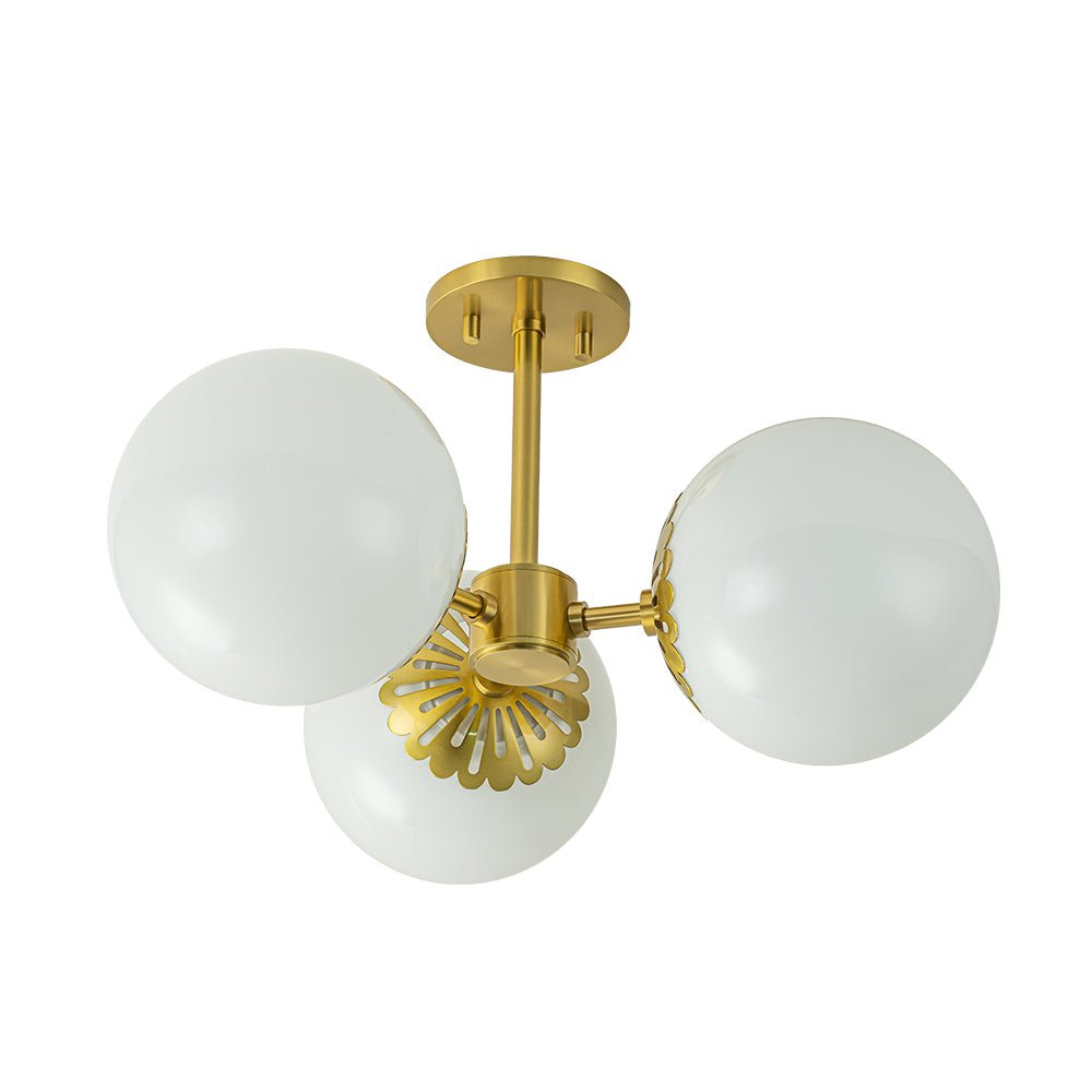 Brass Daisy 3-Light Opal Glass Globe Semi Flush Light