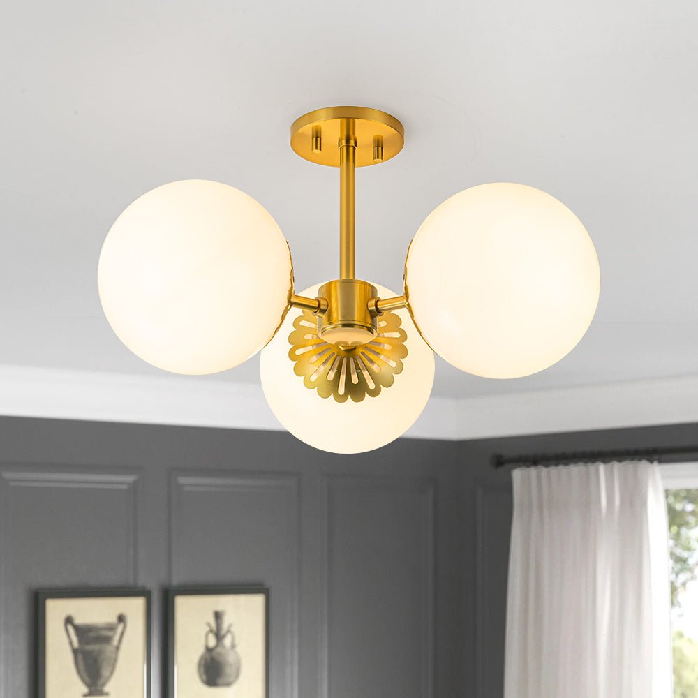 Brass Daisy 3-Light Opal Glass Globe Semi Flush Light