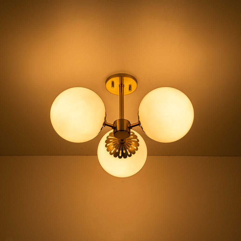 Brass Daisy 3-Light Opal Glass Globe Semi Flush Light