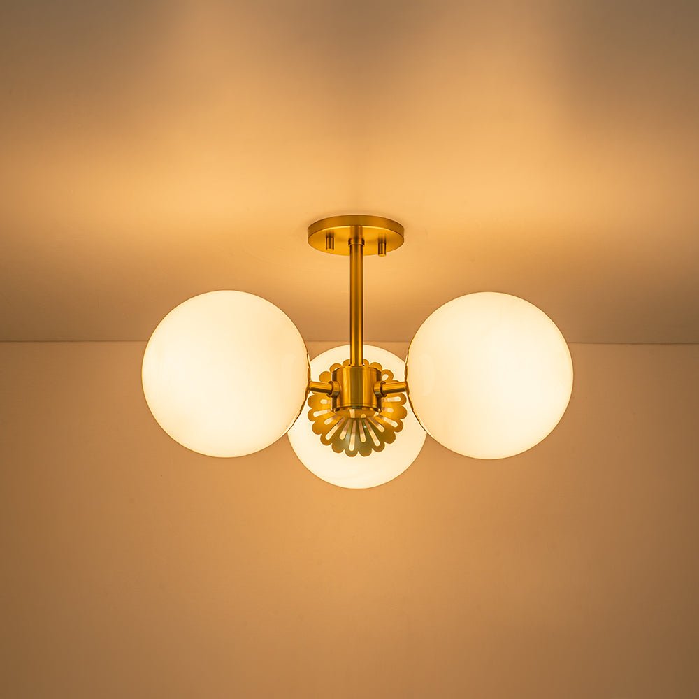 Brass Daisy 3-Light Opal Glass Globe Semi Flush Light