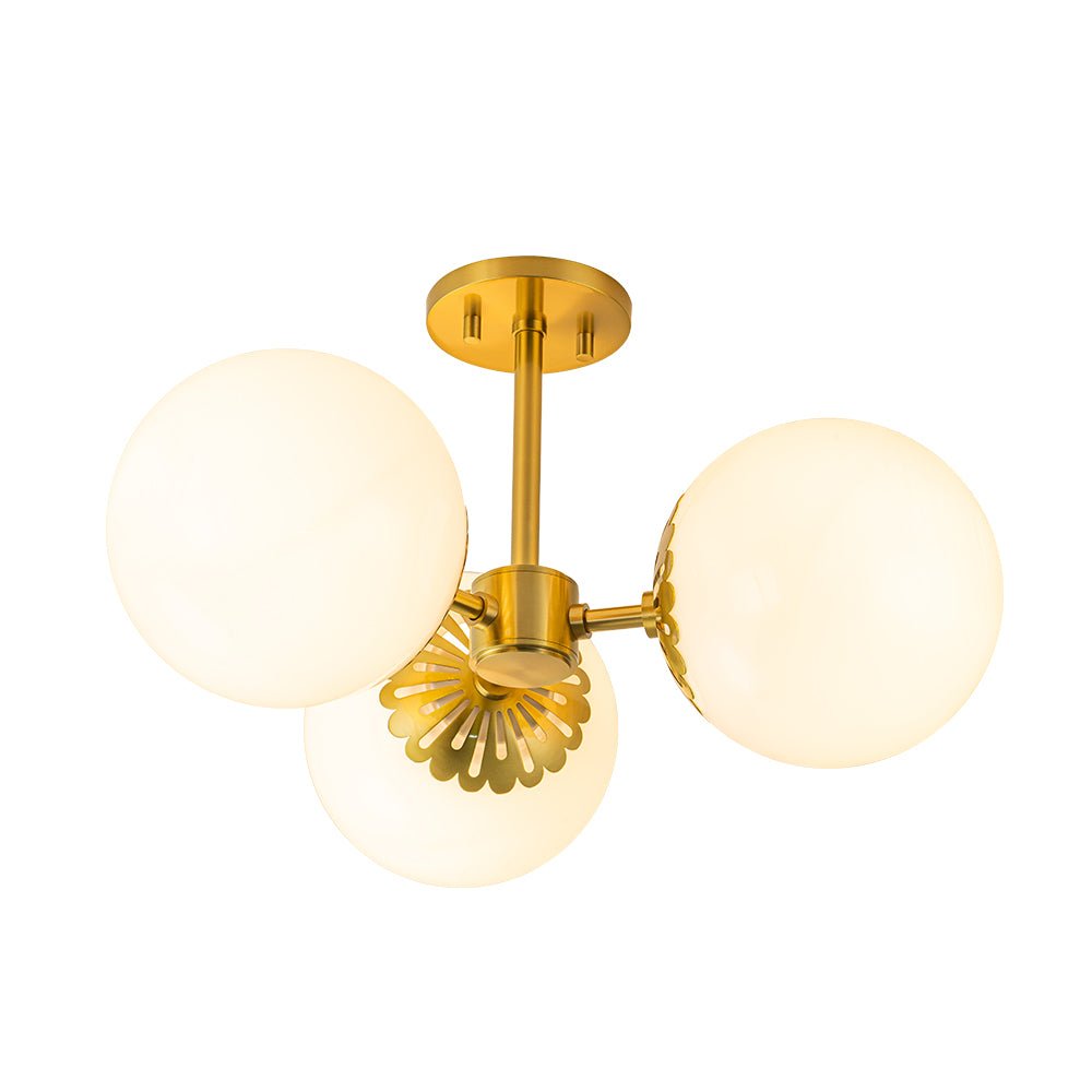 Brass Daisy 3-Light Opal Glass Globe Semi Flush Light