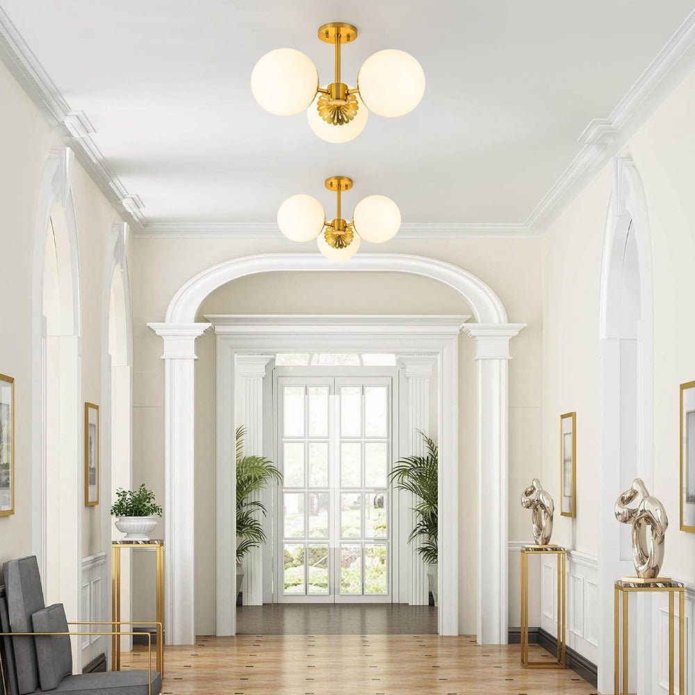 Brass Daisy 3-Light Opal Glass Globe Semi Flush Light