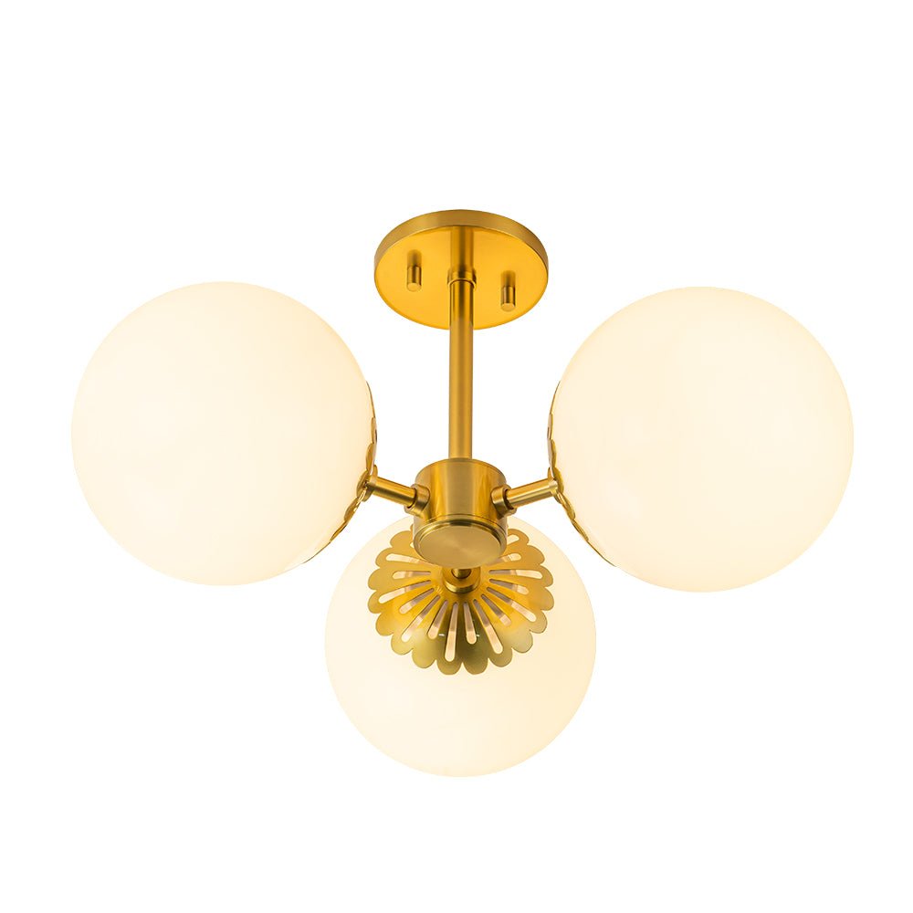 Brass Daisy 3-Light Opal Glass Globe Semi Flush Light