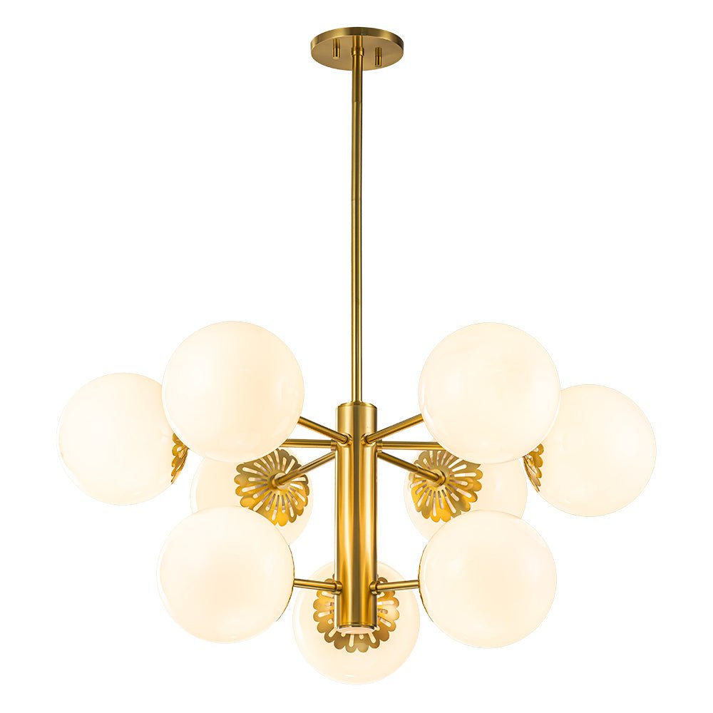 Brass Daisy Tiered Opal Glass Globe Sputnik Chandelier