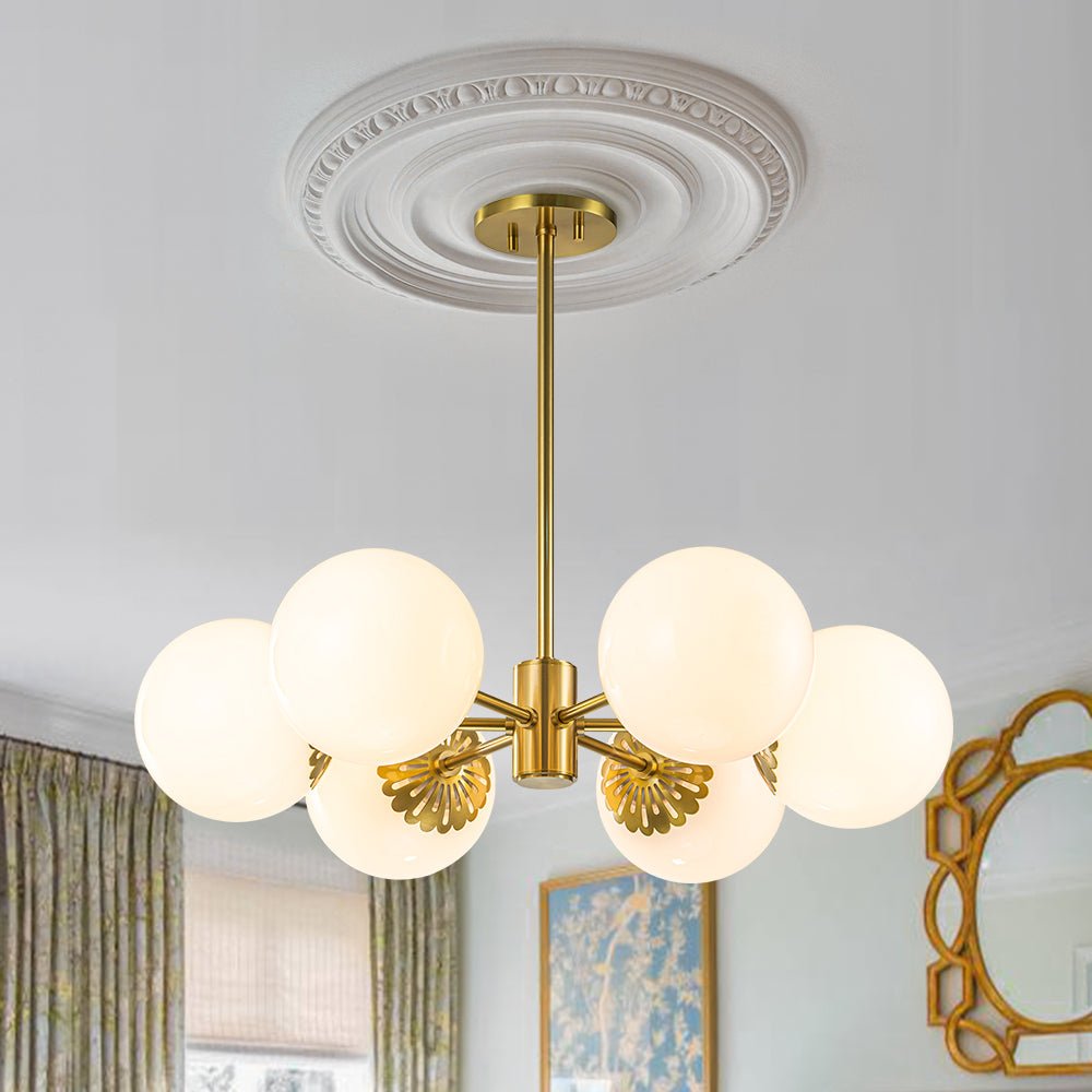 Brass Daisy Tiered Opal Glass Globe Sputnik Chandelier