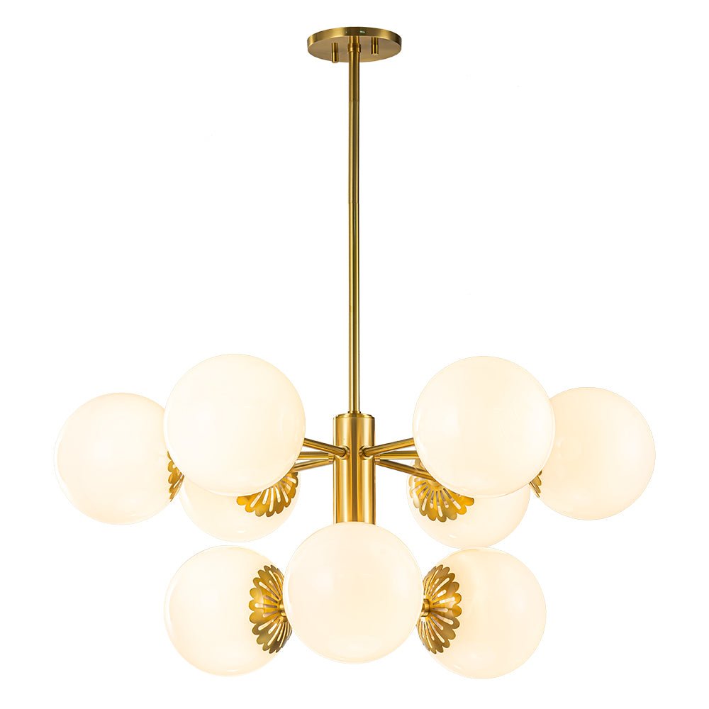 Brass Daisy Tiered Opal Glass Globe Sputnik Chandelier