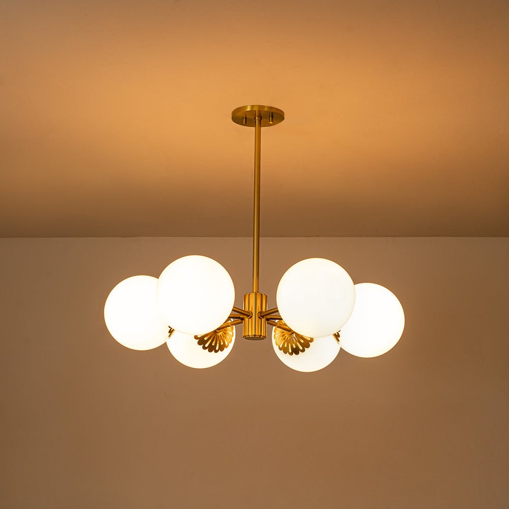 Brass Daisy Tiered Opal Glass Globe Sputnik Chandelier
