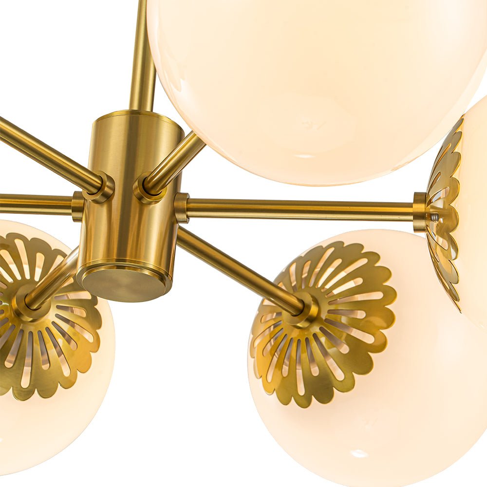 Brass Daisy Tiered Opal Glass Globe Sputnik Chandelier