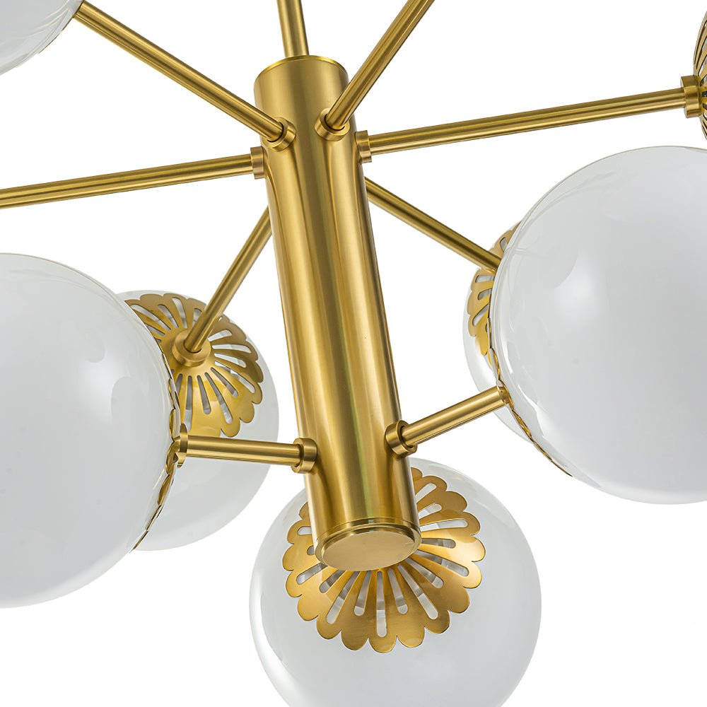 Brass Daisy Tiered Opal Glass Globe Sputnik Chandelier