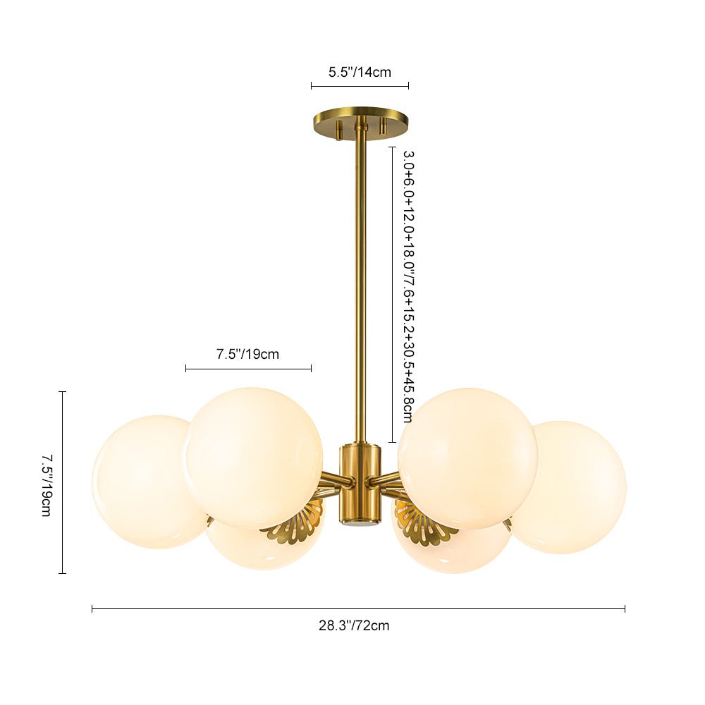 Brass Daisy Tiered Opal Glass Globe Sputnik Chandelier