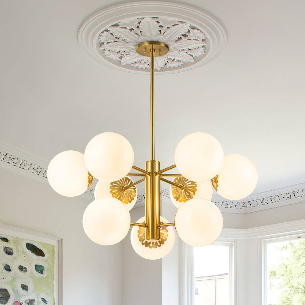 Brass Daisy Tiered Opal Glass Globe Sputnik Chandelier