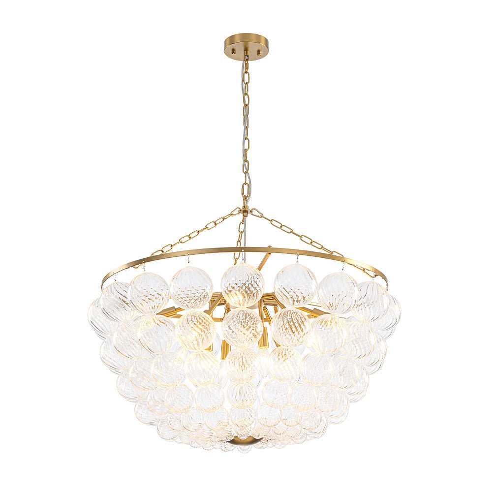 Brass Draped Ribbed Glass Bubble Round Pendant Chandelier