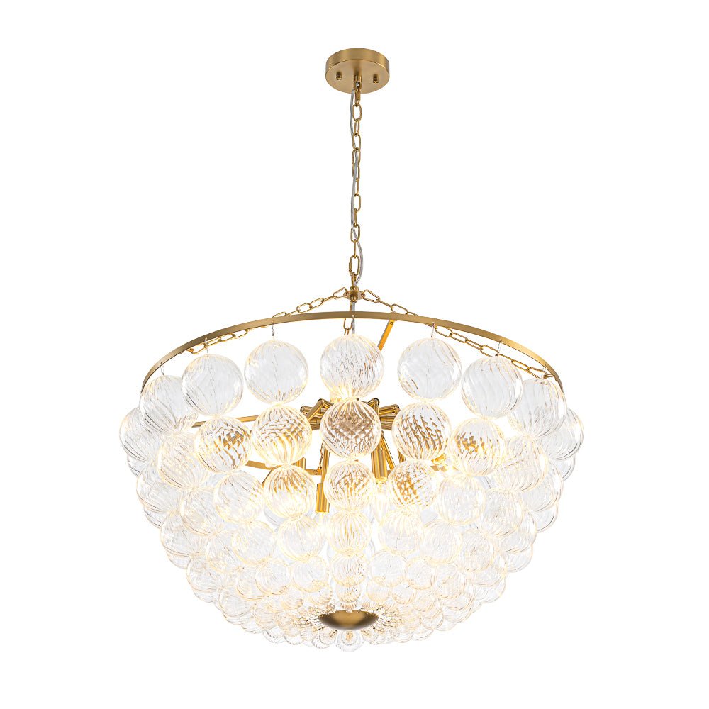 Brass Draped Ribbed Glass Bubble Round Pendant Chandelier