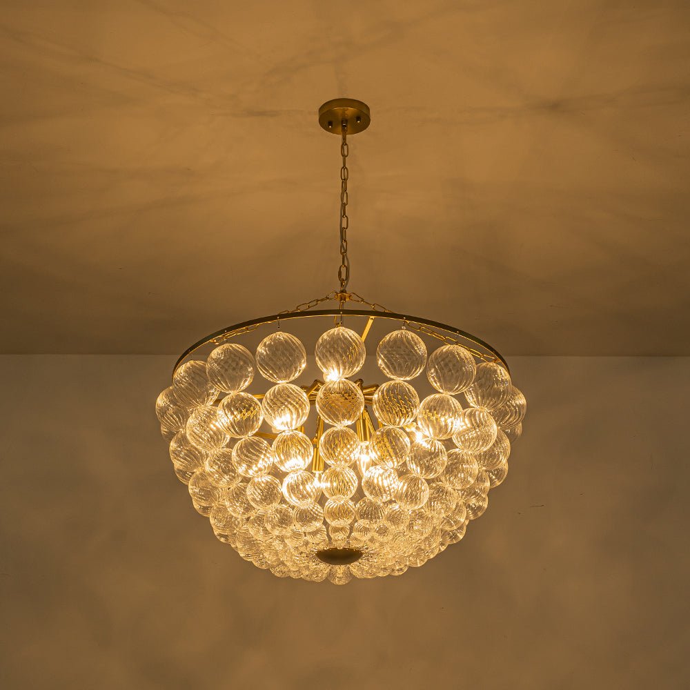 Brass Draped Ribbed Glass Bubble Round Pendant Chandelier