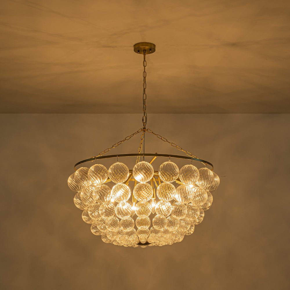 Brass Draped Ribbed Glass Bubble Round Pendant Chandelier