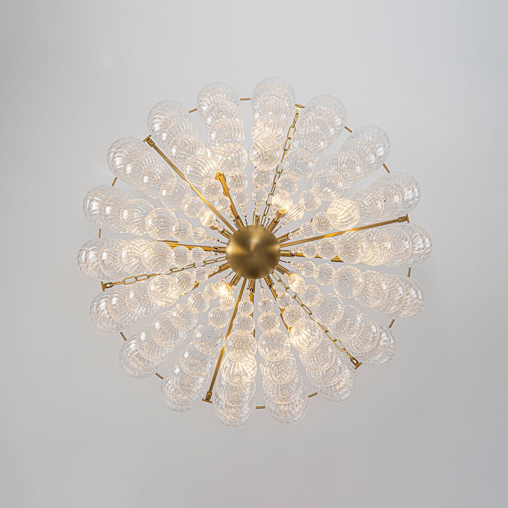 Brass Draped Ribbed Glass Bubble Round Pendant Chandelier