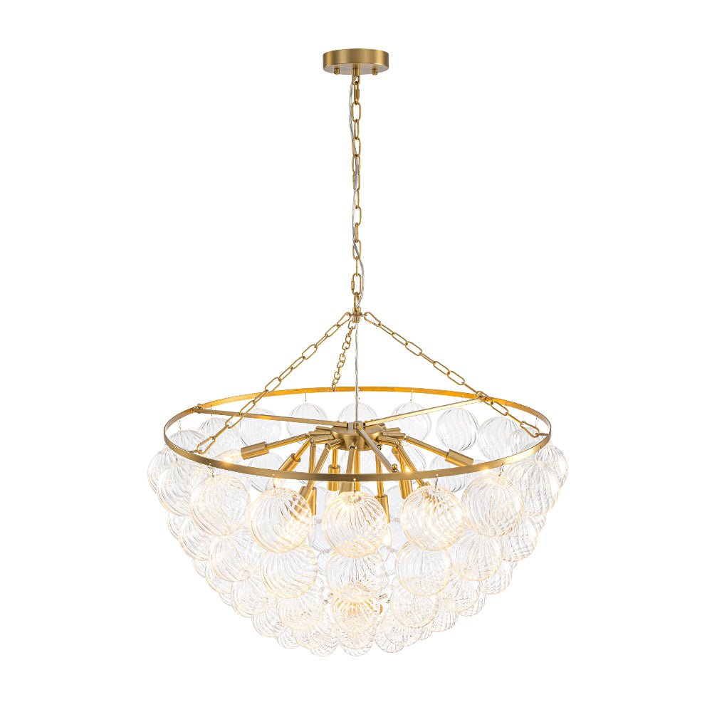 Brass Draped Ribbed Glass Bubble Round Pendant Chandelier