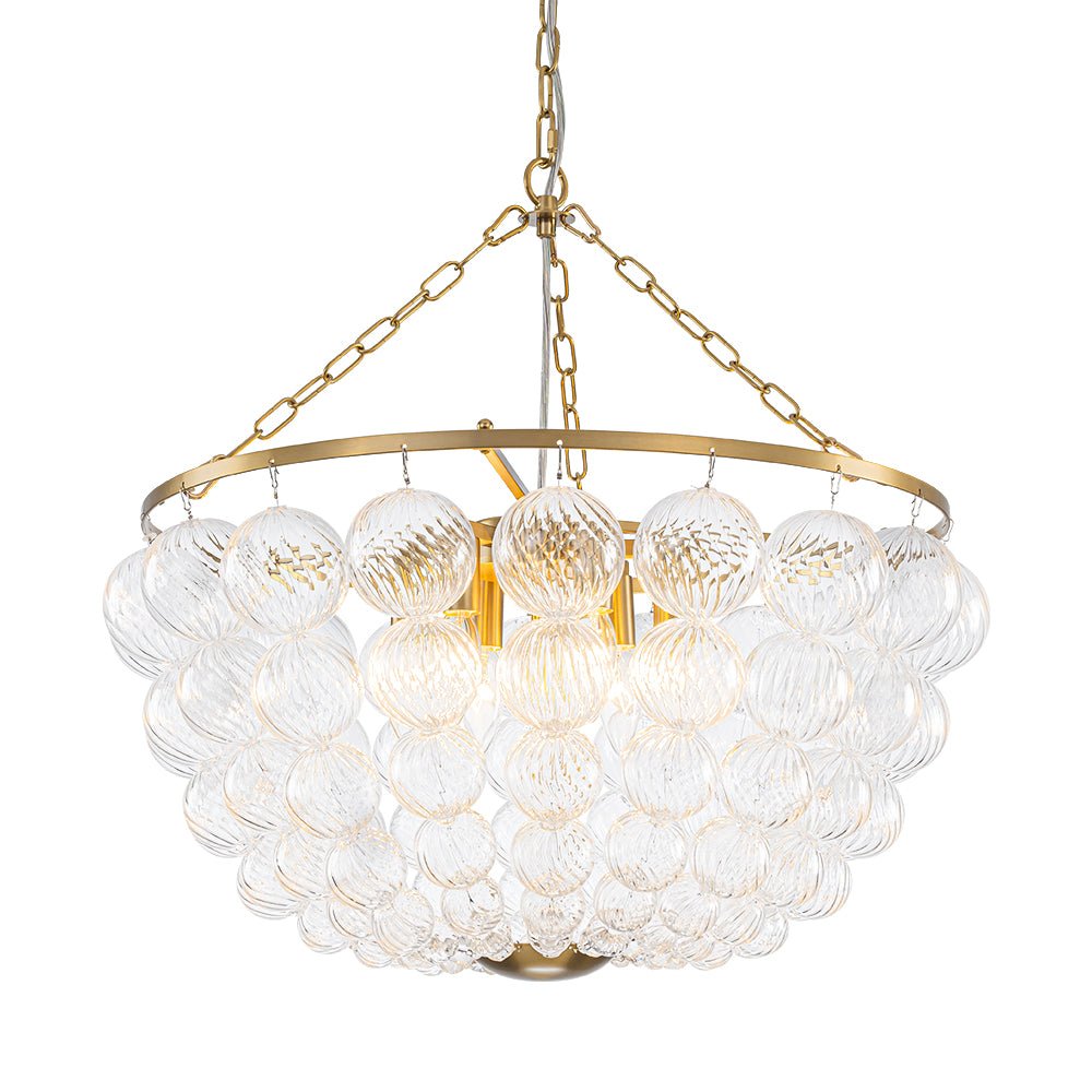 Brass Draped Ribbed Glass Bubble Round Pendant Chandelier