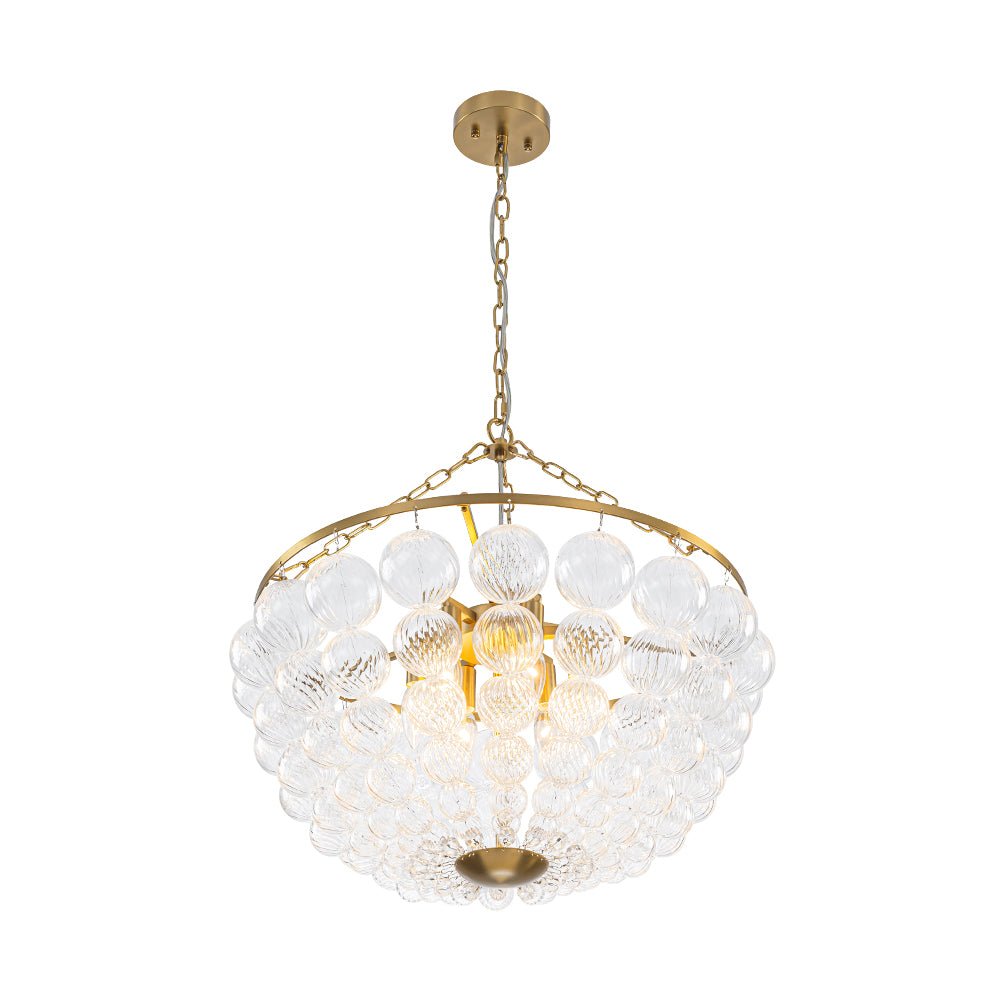 Brass Draped Ribbed Glass Bubble Round Pendant Chandelier