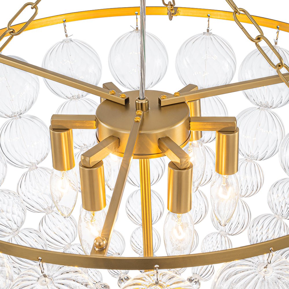 Brass Draped Ribbed Glass Bubble Round Pendant Chandelier