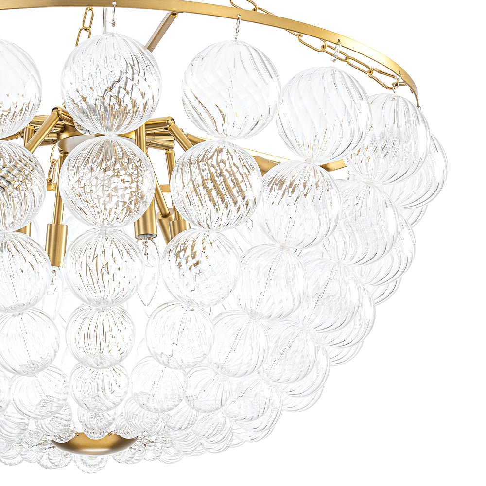 Brass Draped Ribbed Glass Bubble Round Pendant Chandelier