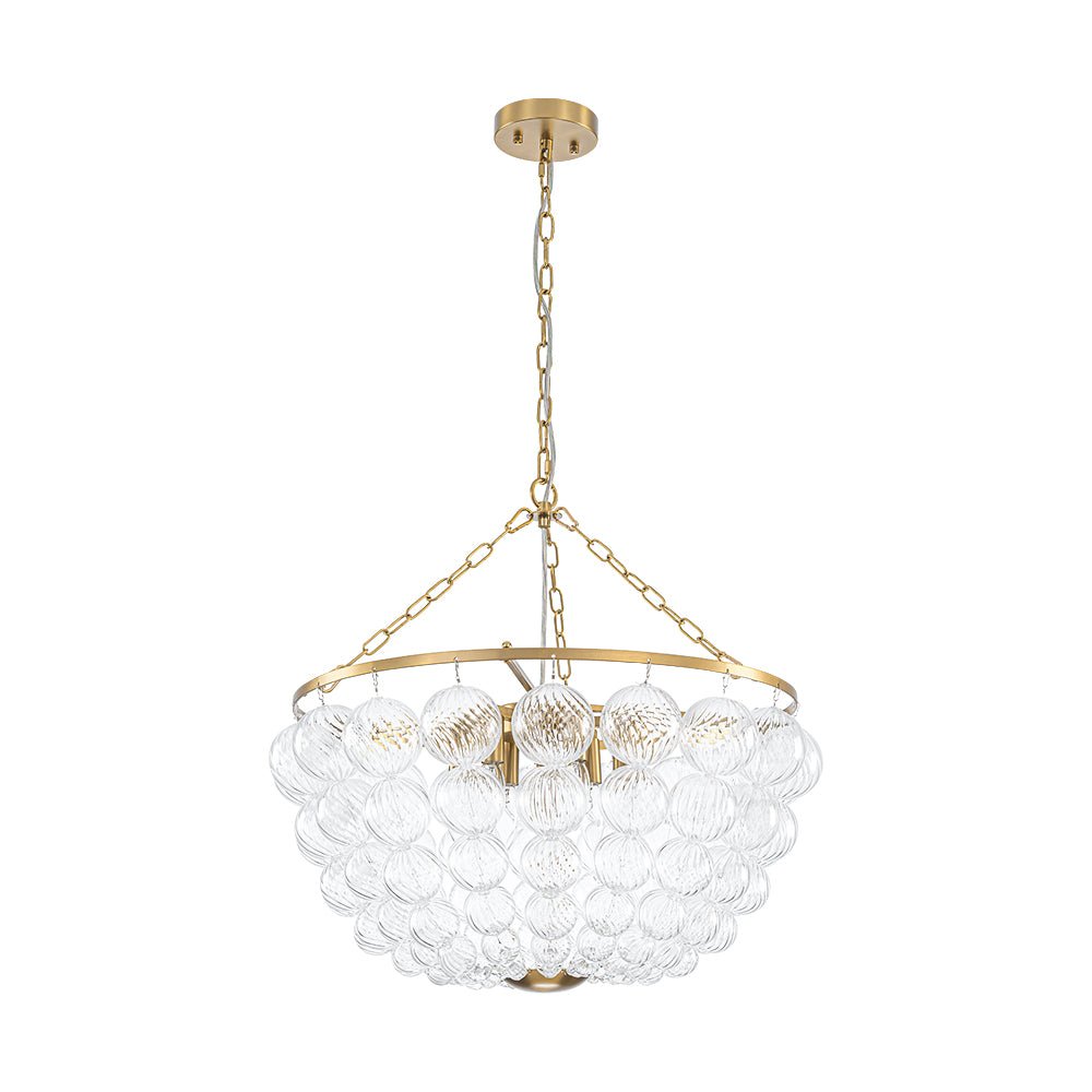 Brass Draped Ribbed Glass Bubble Round Pendant Chandelier