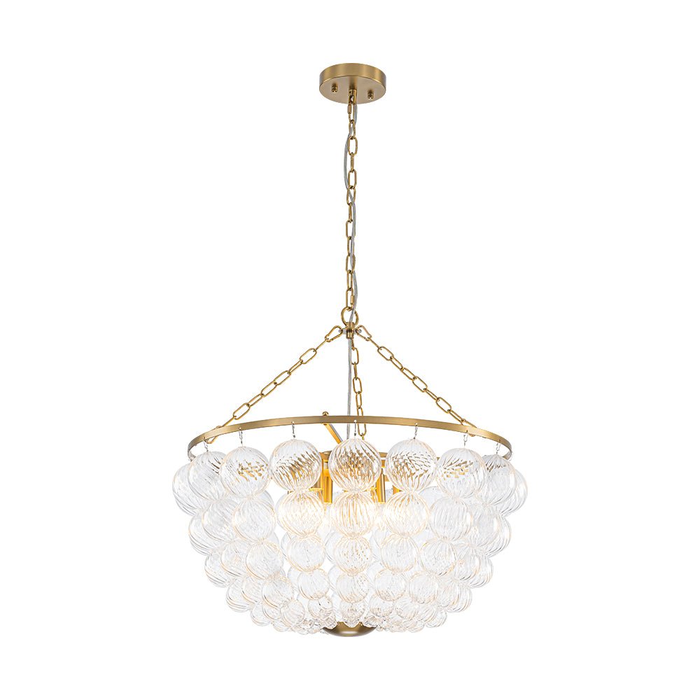 Brass Draped Ribbed Glass Bubble Round Pendant Chandelier