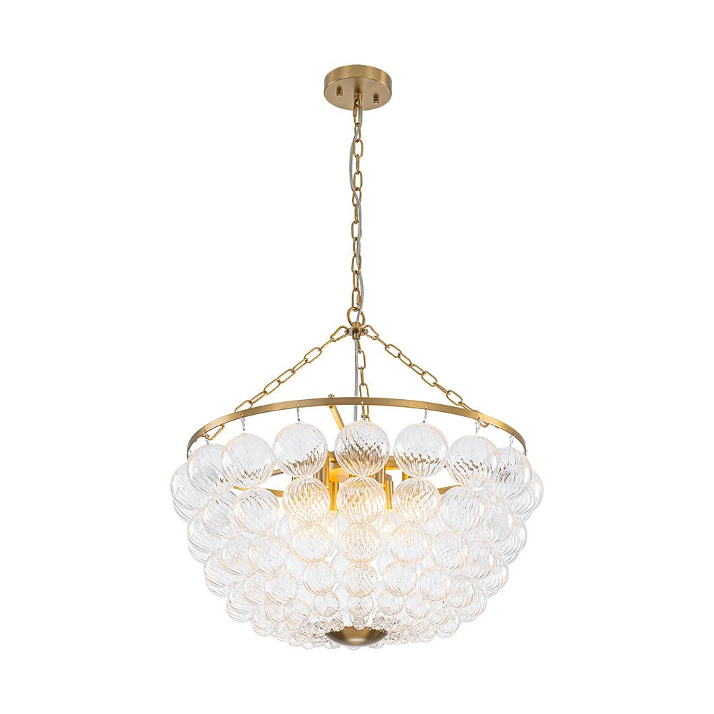 Brass Draped Ribbed Glass Bubble Round Pendant Chandelier
