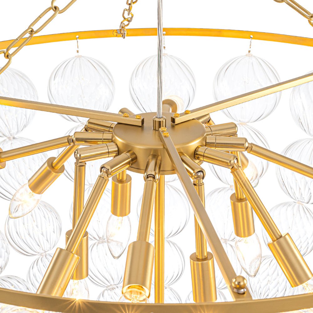 Brass Draped Ribbed Glass Bubble Round Pendant Chandelier