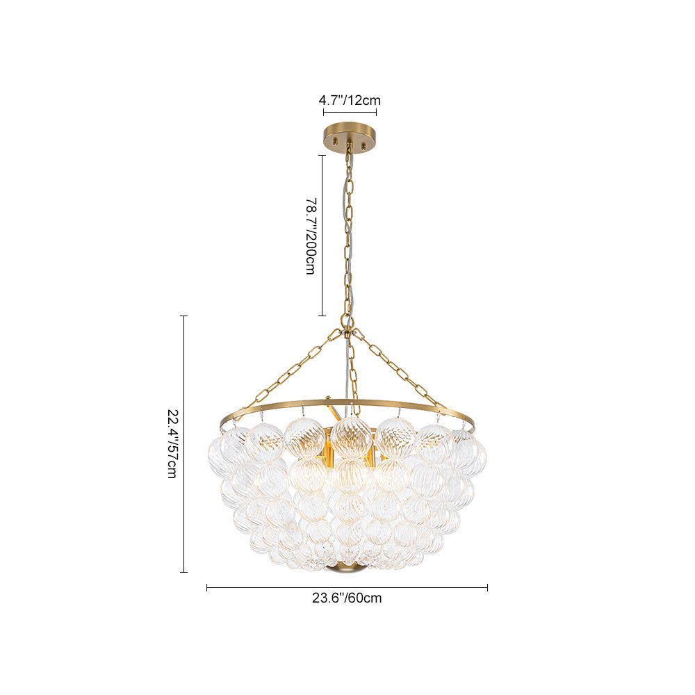 Brass Draped Ribbed Glass Bubble Round Pendant Chandelier