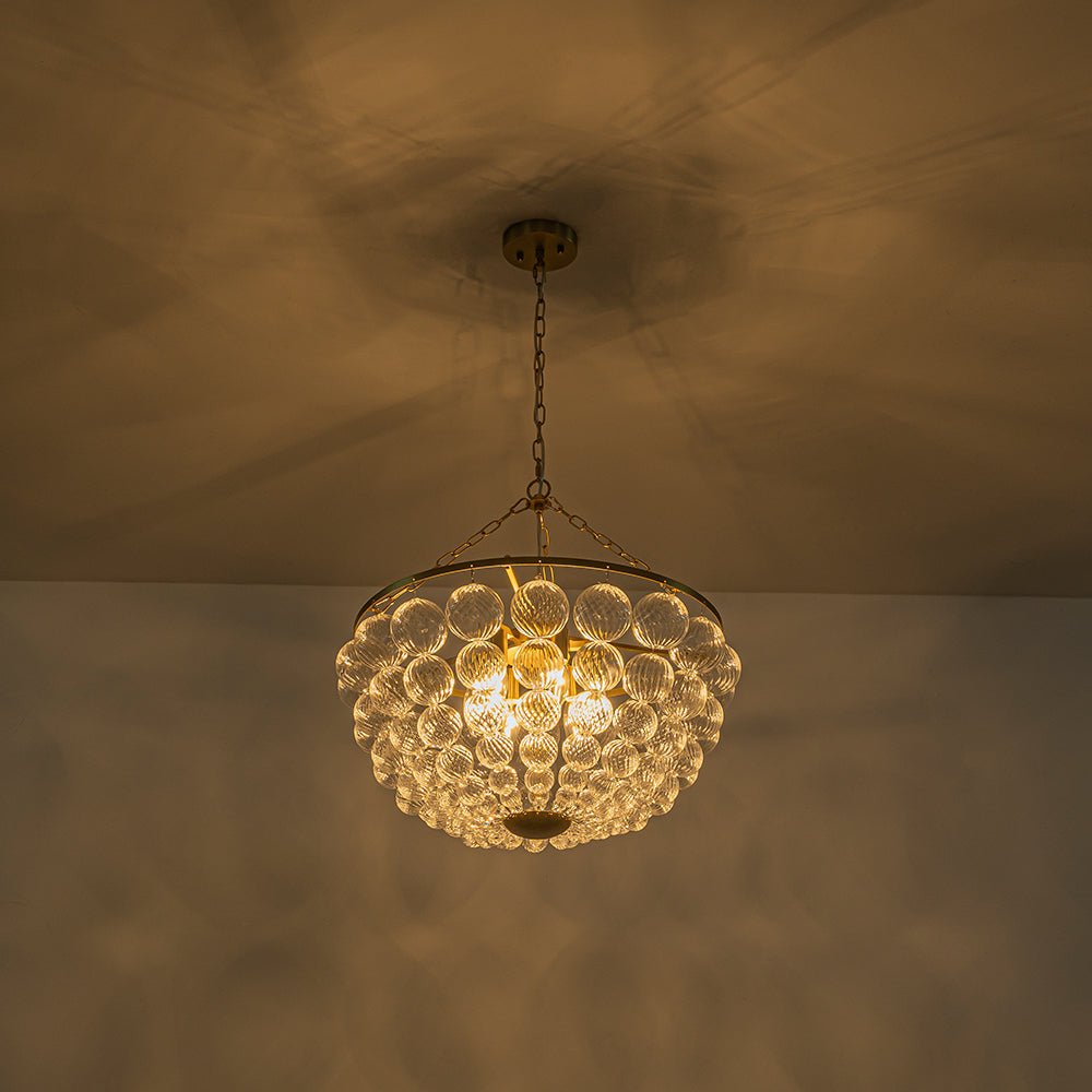 Brass Draped Ribbed Glass Bubble Round Pendant Chandelier