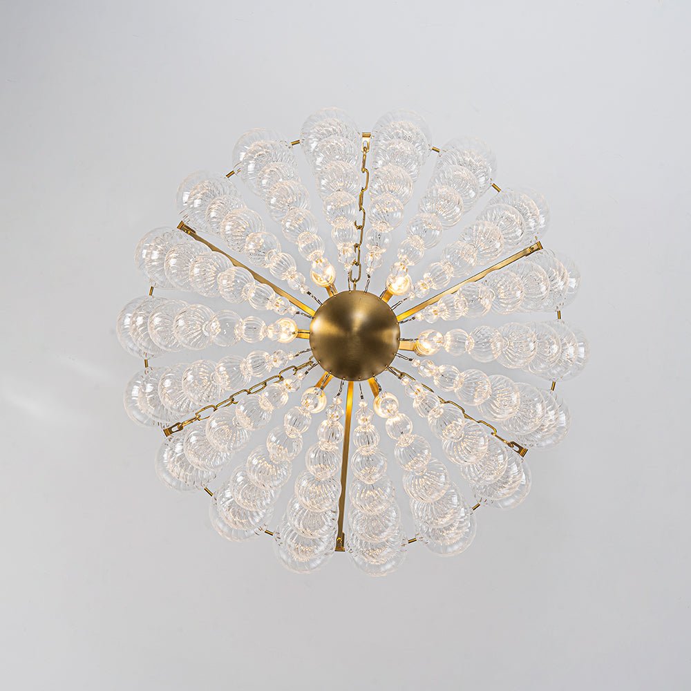 Brass Draped Ribbed Glass Bubble Round Pendant Chandelier