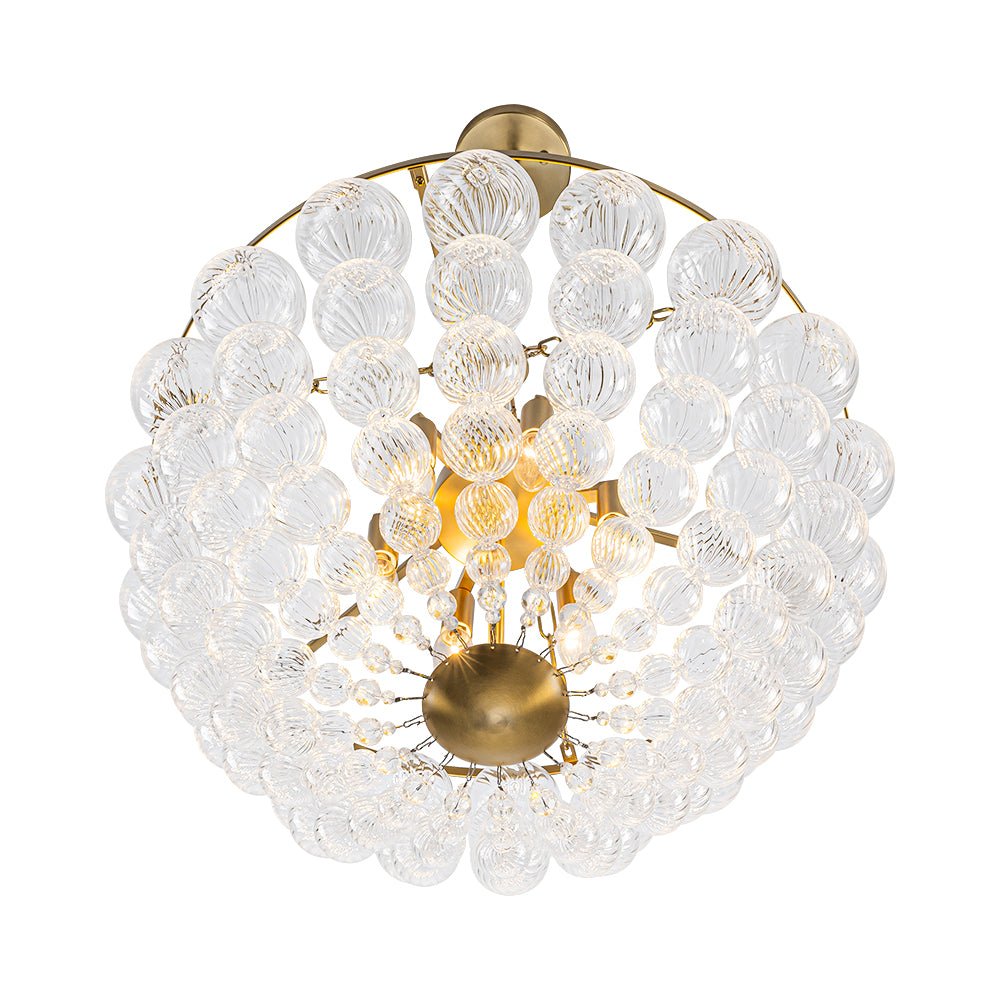 Brass Draped Ribbed Glass Bubble Round Pendant Chandelier