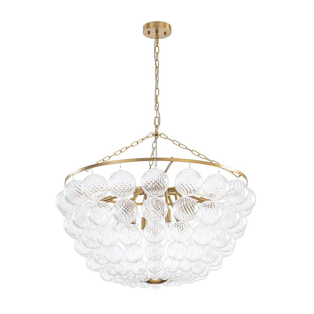 Brass Draped Ribbed Glass Bubble Round Pendant Chandelier