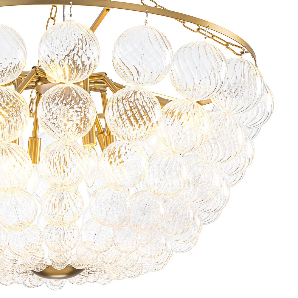 Brass Draped Ribbed Glass Bubble Round Pendant Chandelier