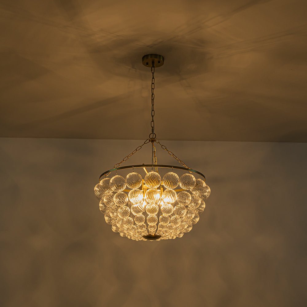 Brass Draped Ribbed Glass Bubble Round Pendant Chandelier
