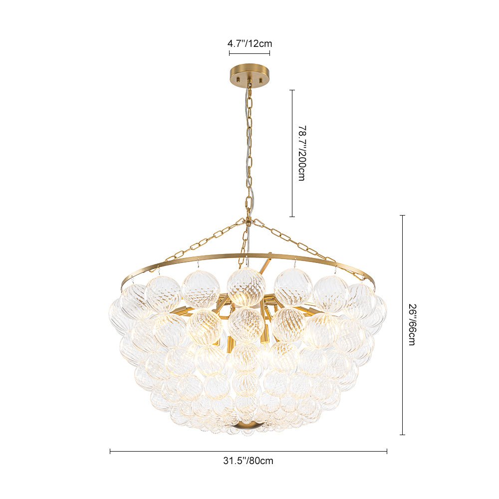 Brass Draped Ribbed Glass Bubble Round Pendant Chandelier