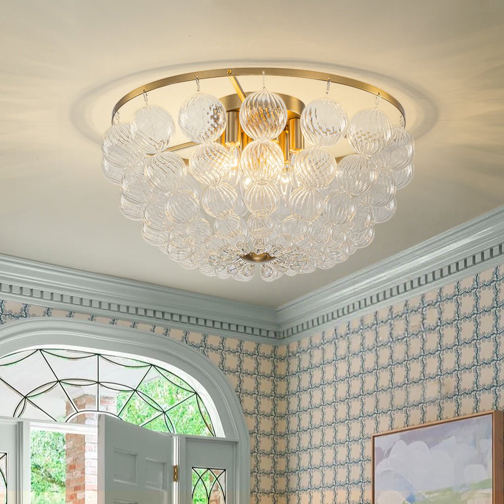 Brass Draped Ribbed Glass Globe Round Semi Flush Chandelier