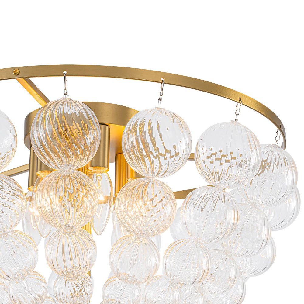 Brass Draped Ribbed Glass Globe Round Semi Flush Chandelier