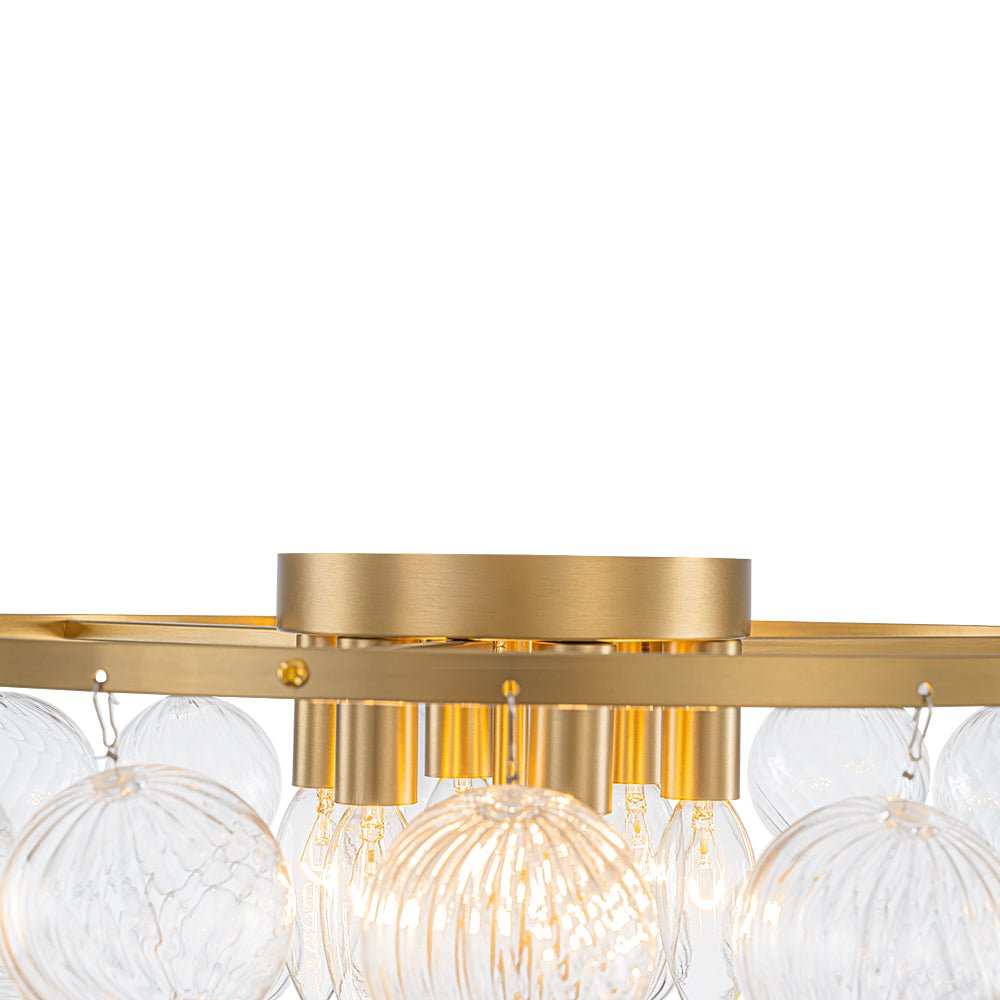 Brass Draped Ribbed Glass Globe Round Semi Flush Chandelier
