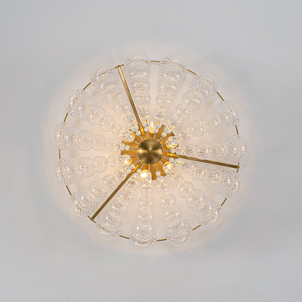 Brass Draped Ribbed Glass Globe Round Semi Flush Chandelier