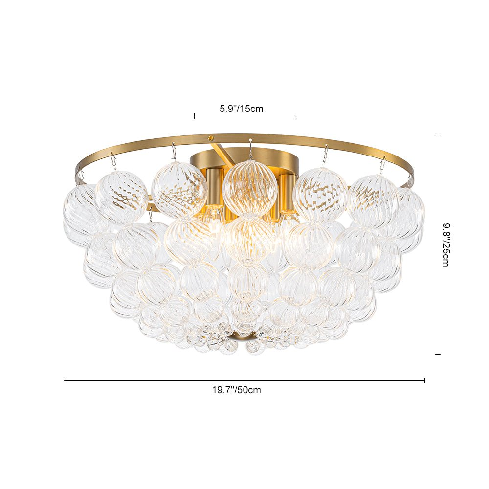 Brass Draped Ribbed Glass Globe Round Semi Flush Chandelier