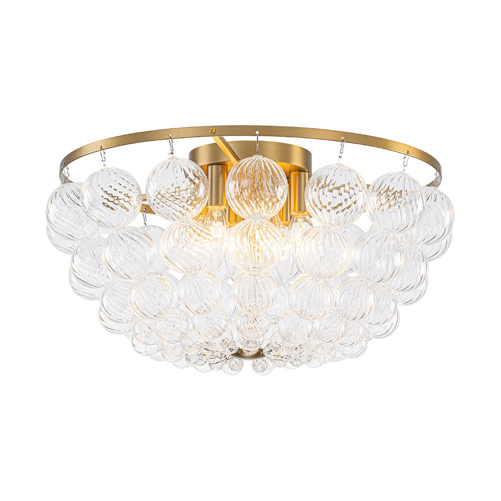 Brass Draped Ribbed Glass Globe Round Semi Flush Chandelier