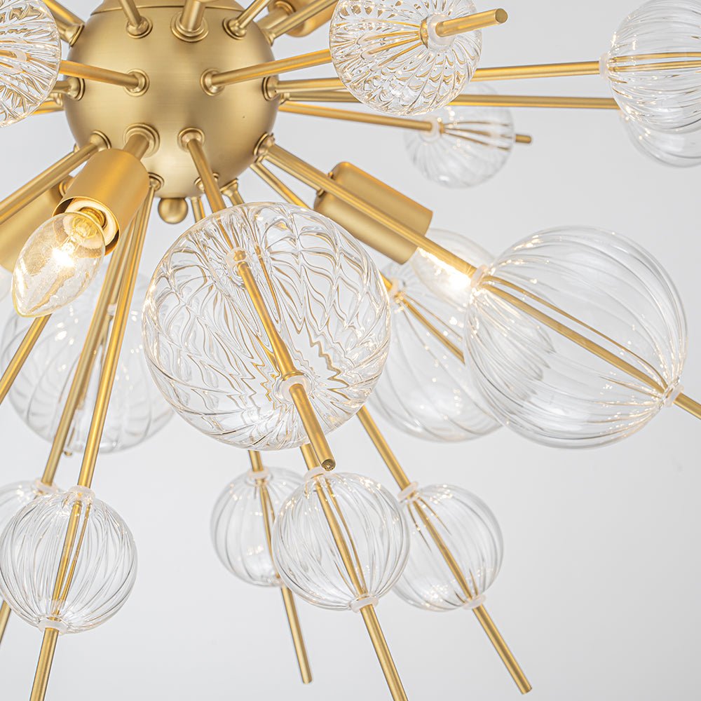 Brass Ribbed Glass Globe Bubble Sputnik Sunburst Chandelier