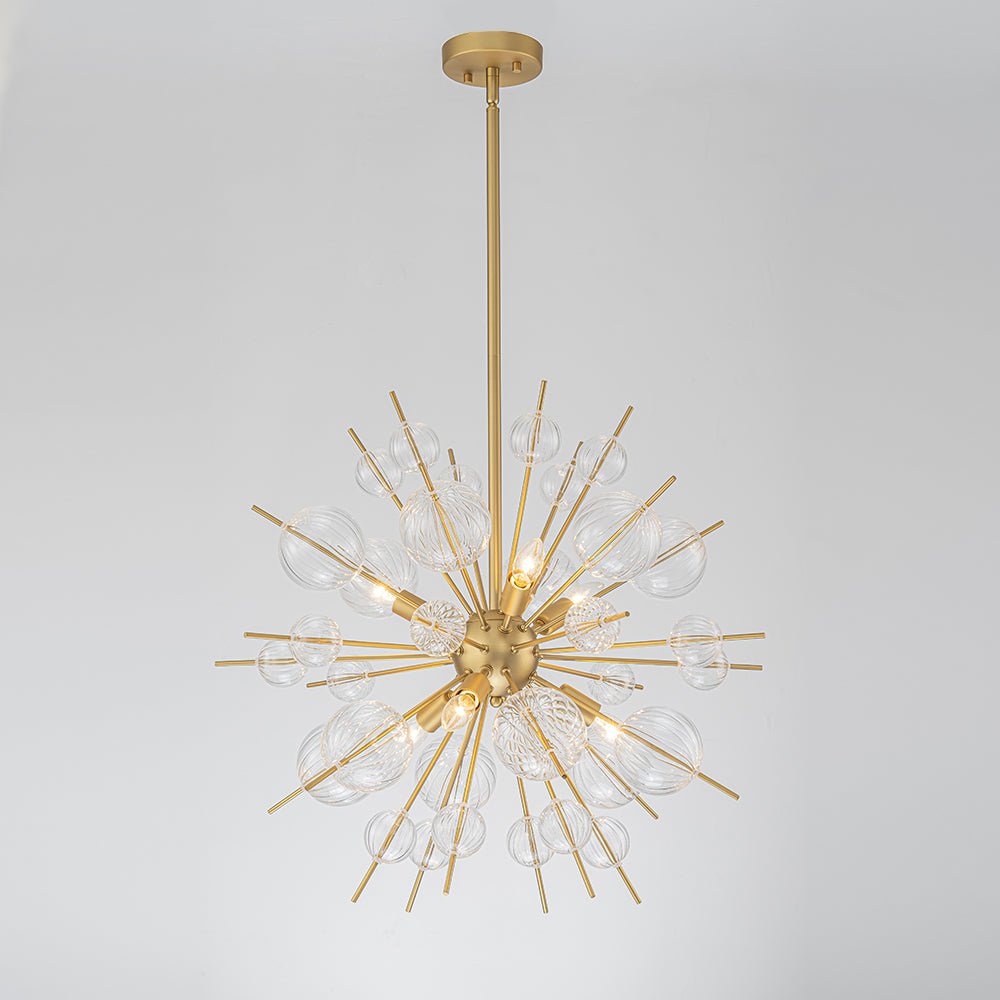 Brass Ribbed Glass Globe Bubble Sputnik Sunburst Chandelier