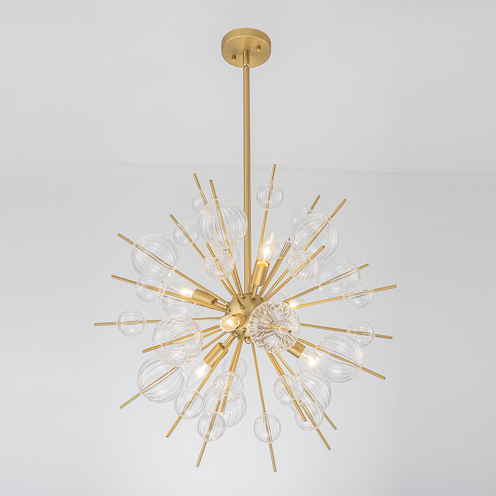 Brass Ribbed Glass Globe Bubble Sputnik Sunburst Chandelier
