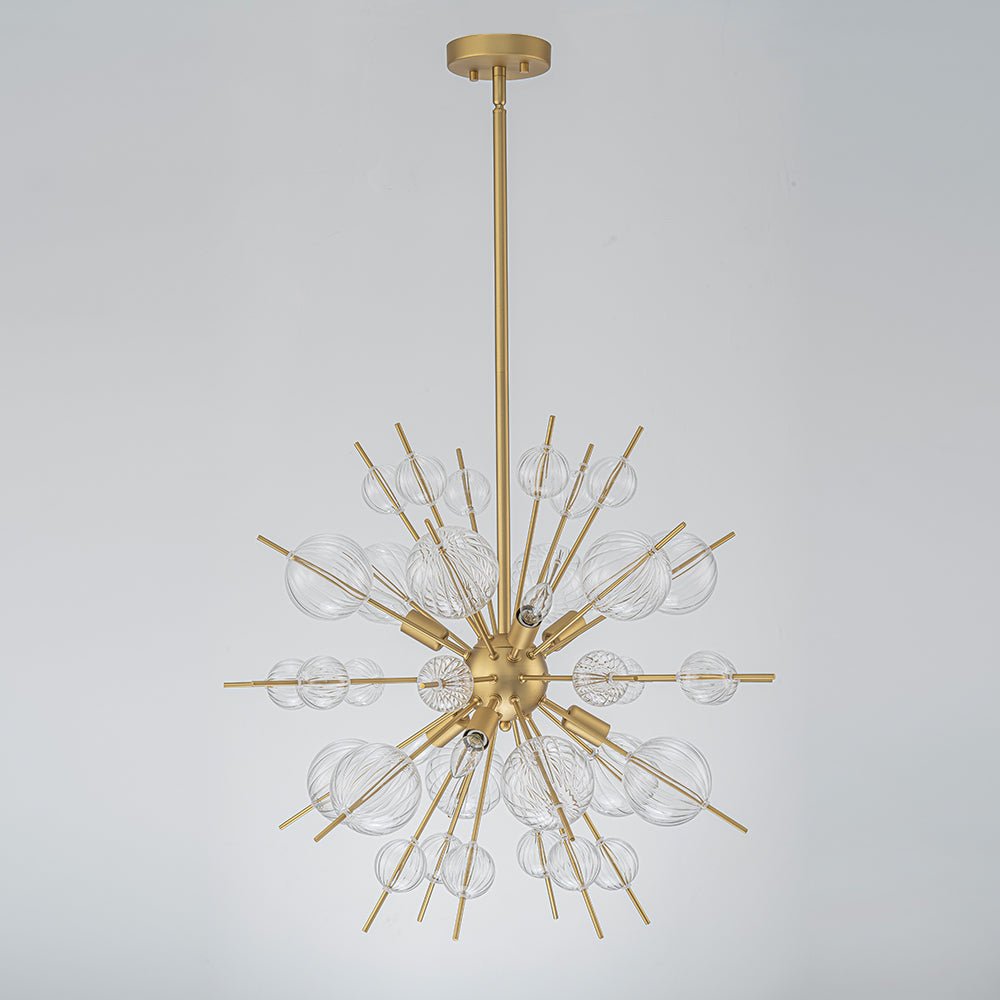 Brass Ribbed Glass Globe Bubble Sputnik Sunburst Chandelier